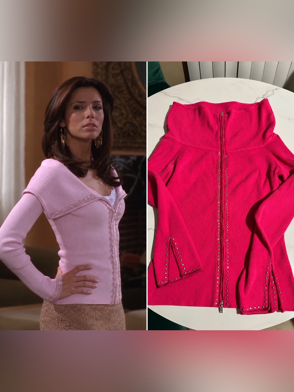 Vintage Y2K Caché Pink Gabrielle Solis Rhinestone Off Shoulder Zip Up Sweater L